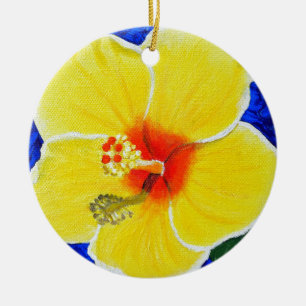 Geel Hibiscus Flower Painting Ceramic Ornament