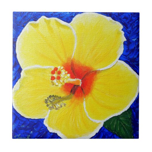 Geel Hibiscus Flower Painting Tegeltje (Voorkant)