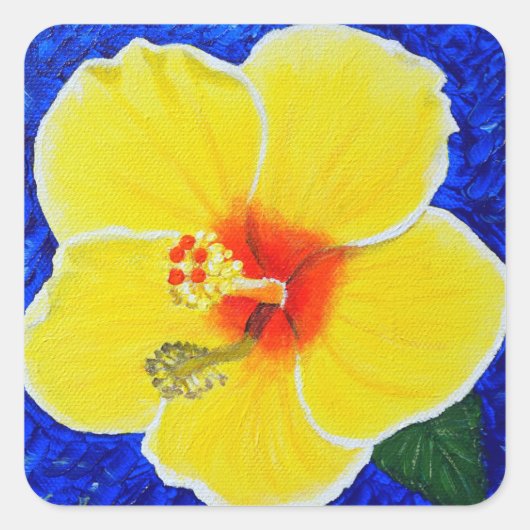Geel Hibiscus Flower Painting Vierkante Sticker (Voorkant)
