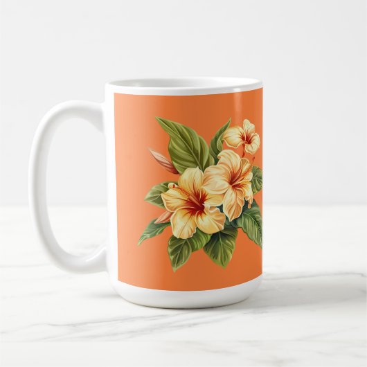 Geel Hibiscuspatroon op Sinaasappel Koffiemok (Links)