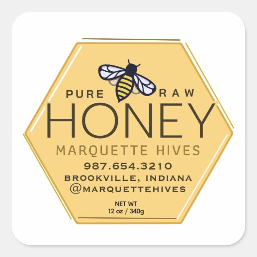 Geel Honing Hexagon Label met Bijen en Honingraat (Voorkant)