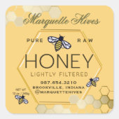 Geel Honing Hexagon Label met Bijen en Honingraat (Voorkant)