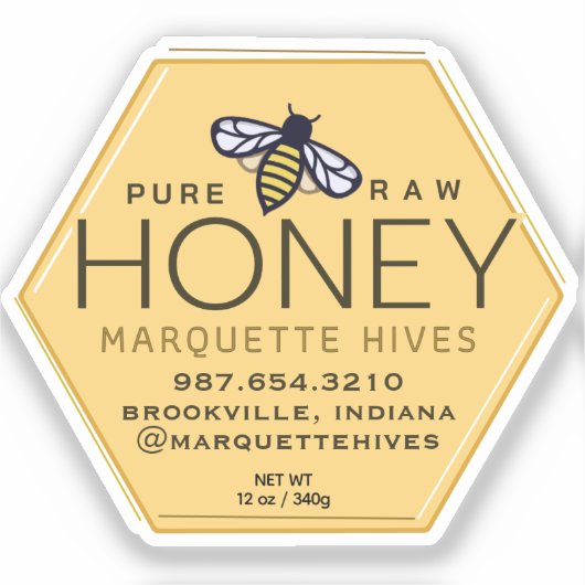 Geel Honing Hexagon Label met Bijen en Honingraat (Voorkant)