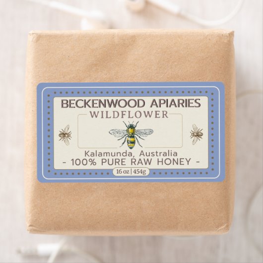 Geel Honingbijenetiket Appiary Blue Border Etiket (Insitu)