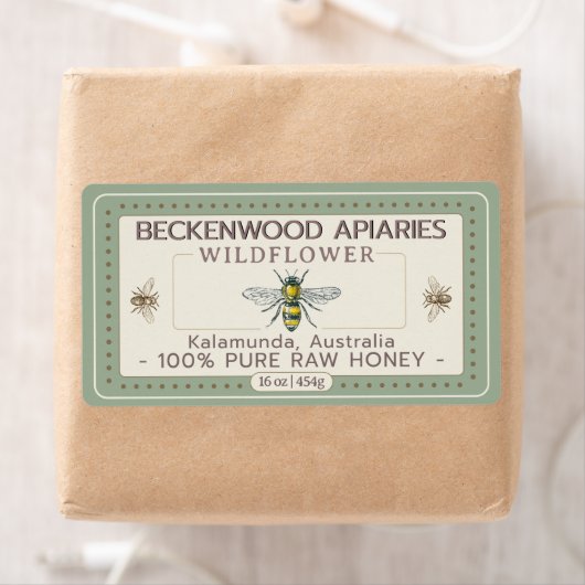 Geel Honingbijenlabel Forest Green Border Etiket (Insitu)