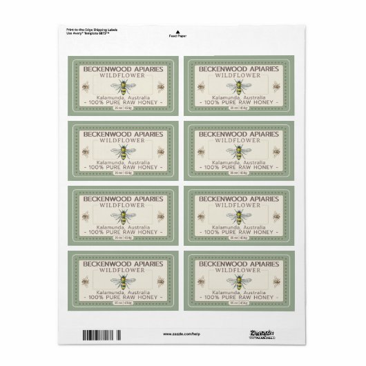 Geel Honingbijenlabel Forest Green Border Etiket (Full Sheet)