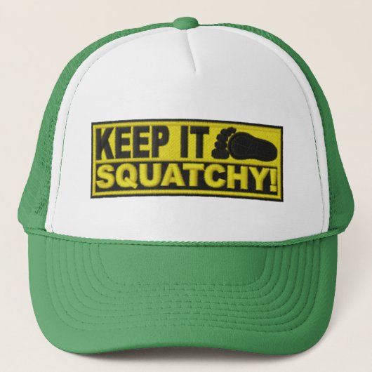Geel HOUD HET SQUATCHY! Afdruk "geborduurd" Trucker Pet (Voorkant)