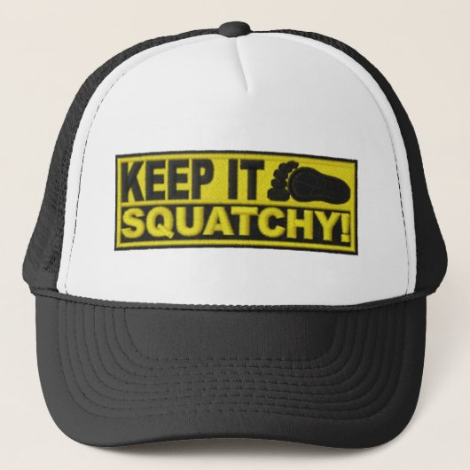 Geel HOUD HET SQUATCHY! Afdruk "geborduurd" Trucker Pet (Voorkant)