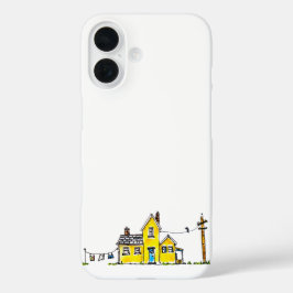 Geel huis met wasgoed iPhone 16 hoesje