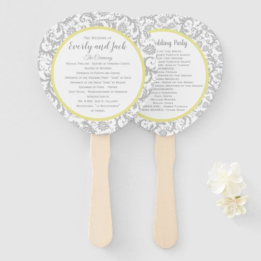 Geel Iris en Grijs Damast Trouwprogramma Handwaaier (Voorkant en achterkant)