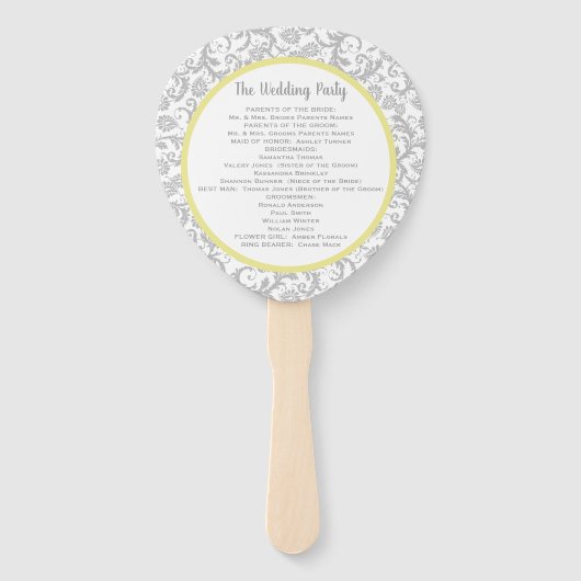 Geel Iris en Grijs Damast Trouwprogramma Handwaaier (Achterkant)