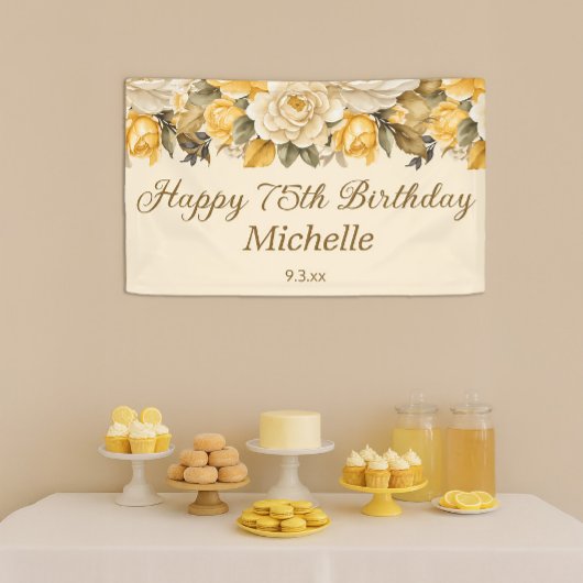 Geel Ivoor Cream Floral Happy 75th Birthday Spandoek