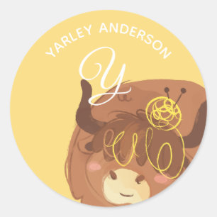 Geel Jak • Alfabet Monogram Mooie School Peuteropv Ronde Sticker