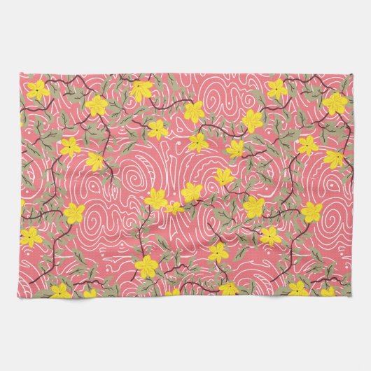 Geel Jasmijnventiel op koraalroze Theedoek (Horizontaal)