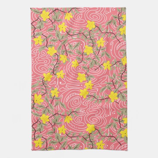 Geel Jasmijnventiel op koraalroze Theedoek (Verticaal)