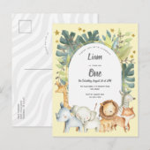 geel, jungle dieren jongen of meisje 1e verjaardag uitnodiging briefkaart (Voorkant / Achterkant)