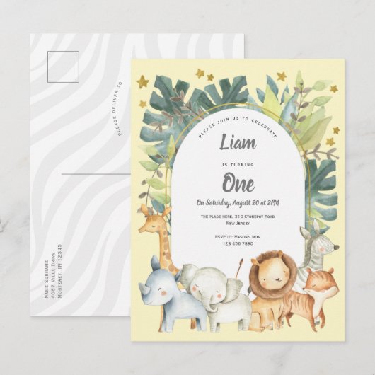 geel, jungle dieren jongen of meisje 1e verjaardag uitnodiging briefkaart (Voorkant / Achterkant)