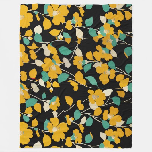 GEEL KAMELLIAS, WITTE GROENE LEIDT ZWARTE VRIJ FLEECE DEKEN (Voorkant)