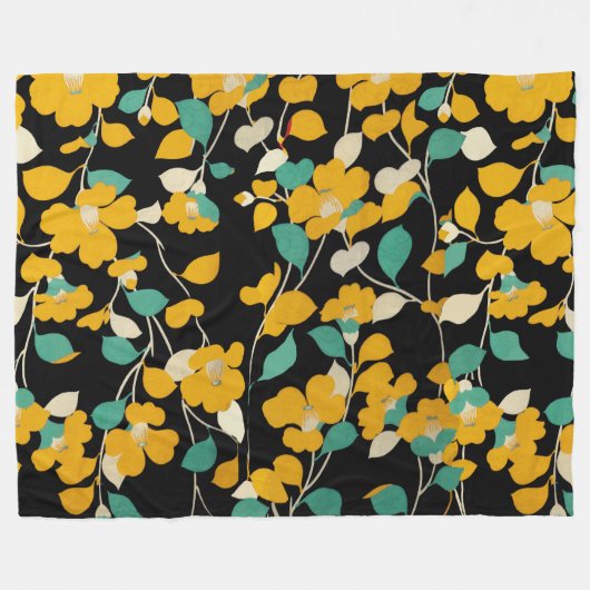 GEEL KAMELLIAS, WITTE GROENE LEIDT ZWARTE VRIJ FLEECE DEKEN (Voorkant (Horizontaal))