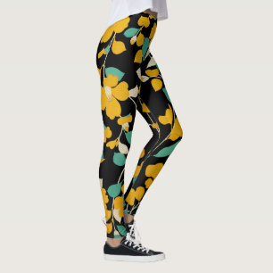 GEEL KAMELLIAS, WITTE GROENE LEIDT ZWARTE VRIJ LEGGINGS