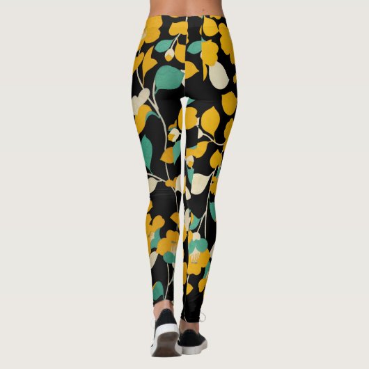 GEEL KAMELLIAS, WITTE GROENE LEIDT ZWARTE VRIJ LEGGINGS (Achterkant)