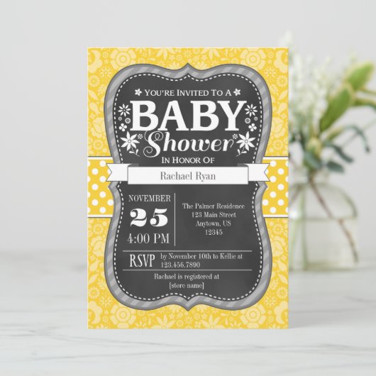 Geel karton Floral Baby shower Invite Kaart (Staand voorkant)