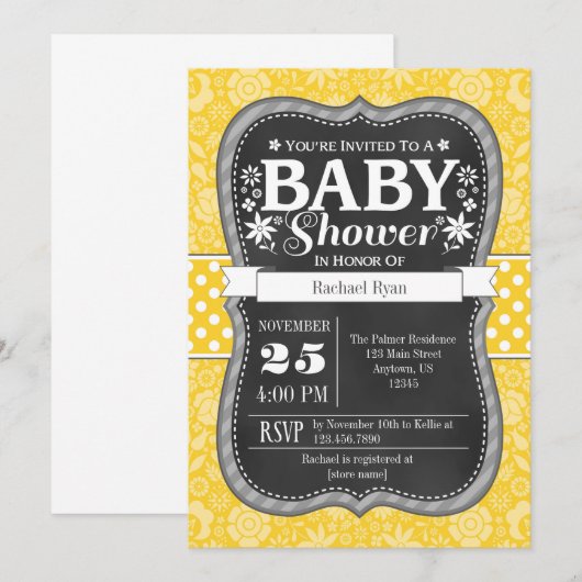 Geel karton Floral Baby shower Invite Kaart (Voorkant / Achterkant)