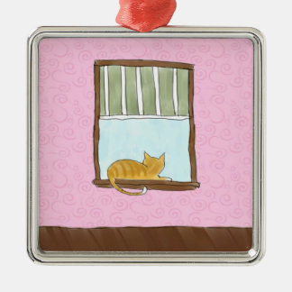 Geel Kat in een Windows-versiering Metalen Ornament