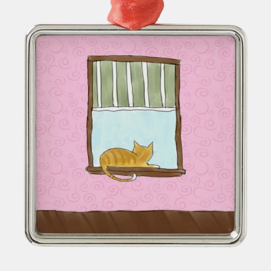 Geel Kat in een Windows-versiering Metalen Ornament (Voorkant)