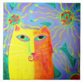 Geel kat met Abstracte verf op bloemen Tegeltje (Voorkant)