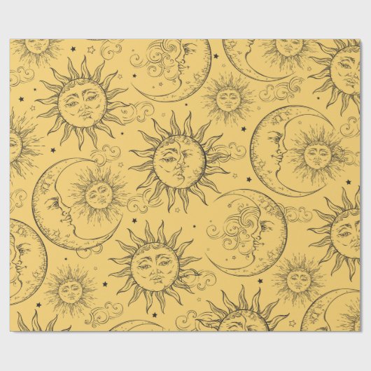Geel -Kelesal Sun Moon Stars Cadeaupapier (Vlak)