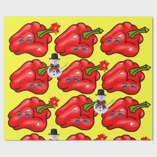 Geel kerstpapier met rode piepers cadeaupapier (Vlak)