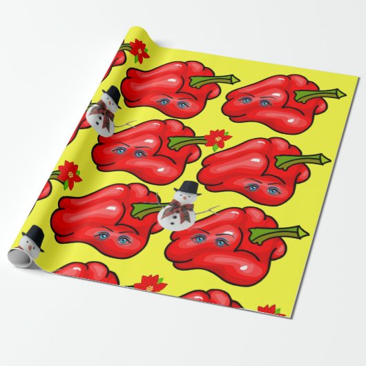 Geel kerstpapier met rode piepers cadeaupapier (Uitgerold)