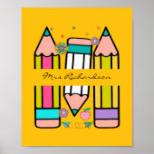 Geel Kleurrijke Leraar Cartoon Potlood Poster (Voorkant)