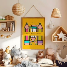 Geel Kleurrijke Leraar Cartoon Potlood Poster