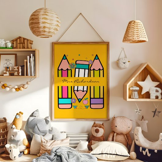 Geel Kleurrijke Leraar Cartoon Potlood Poster