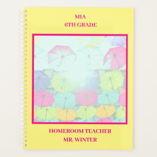 Geel Kleurrijke Paraplu's School Classroom Planner (Voorkant)