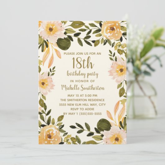 Geel klokhuis Floral Greenery 18th Birthday Kaart (Staand voorkant)