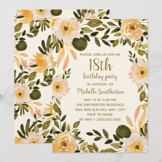 Geel klokhuis Floral Greenery 18th Birthday Kaart (Voorkant / Achterkant)