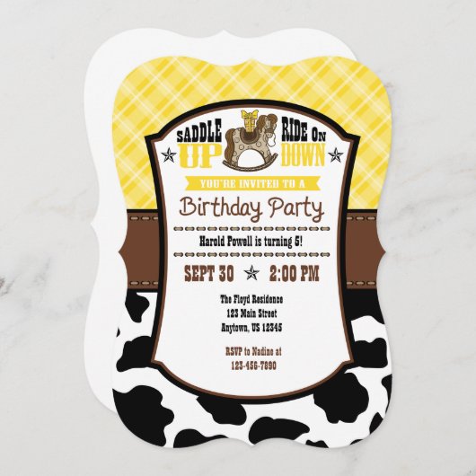 Geel Koeienhuid Cowboy Birthday Invite Kaart (Voorkant / Achterkant)