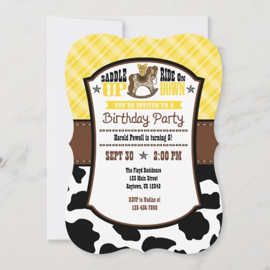 Geel Koeienhuid Cowboy Birthday Invite Kaart (Voorkant)