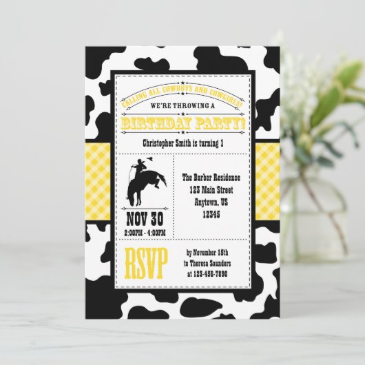 Geel Koeienhuid Cowboy Birthday Kaart (Staand voorkant)