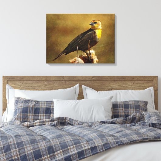 Geel-kopige Blackbird Stretched Canvas print (Insitu (Slaapkamer))