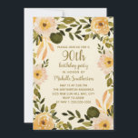 Geel Krem Floral Greenery 90th Birthday Kaart<br><div class="desc">Robuuste,  boho stijl floral 90th verjaardagsfeestje,  op een beige achtergrond met gele en roomkleurde waterverf bloemen.</div>