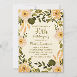 Geel Krem Floral Greenery 90th Birthday Kaart