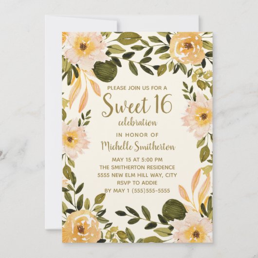 Geel Krem Floral Greenery Sweet 16 Kaart (Voorkant)