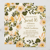 Geel Krem Floral Greenery Sweet 16 Kaart (Voorkant / Achterkant)