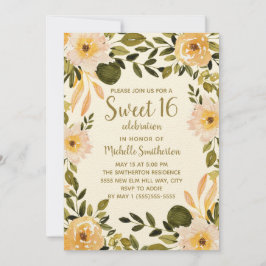 Geel Krem Floral Greenery Sweet 16 Kaart