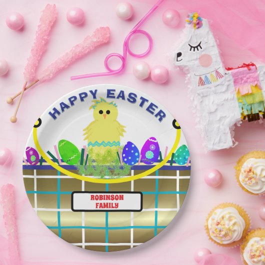 Geel Kuiken Ei Blauw Goud Paasmand Papieren Bordje (Feest)