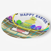 Geel Kuiken Ei Blauw Goud Paasmand Papieren Bordje (Gekanteld)